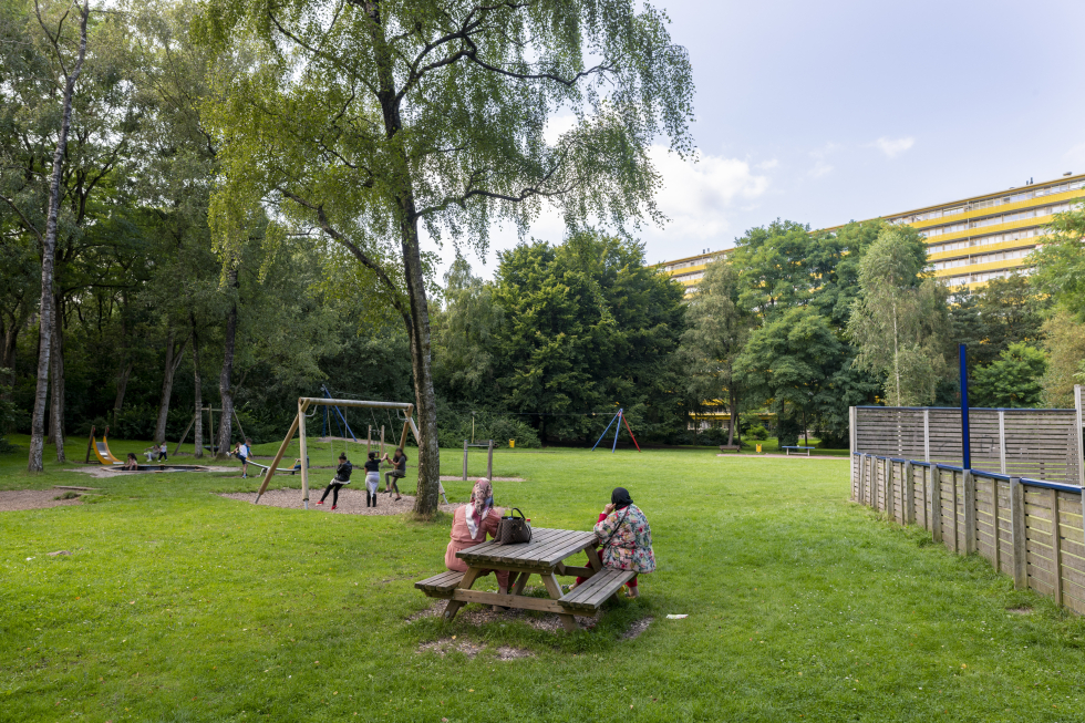 Park Vollenhove. Met bankjes en rechts de voetbalkooi.