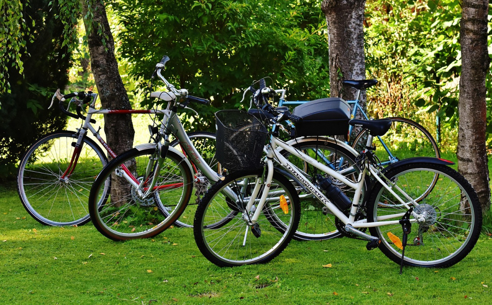 Een foto van 3 geparkeerde fietsen in een park