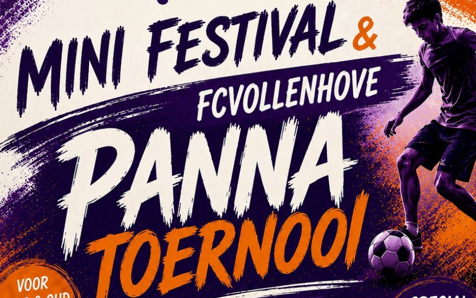 Promotieflyer van MeanderOmnium voor het Mini Festival & FC Vollenhove Pannatoernooi. Op de flyer zijn twee voetbalspelers te zien tijdens een panna-wedstrijd. Het evenement vindt plaats op dinsdag 8 juli 2025 van 14.00 tot 17.00 uur in Park Vollenhove in Zeist. Bezoekers kunnen deelnemen aan voetbalactiviteiten en genieten van muziek, ontmoeting en gezelligheid. Toegang is gratis voor jong en oud.
