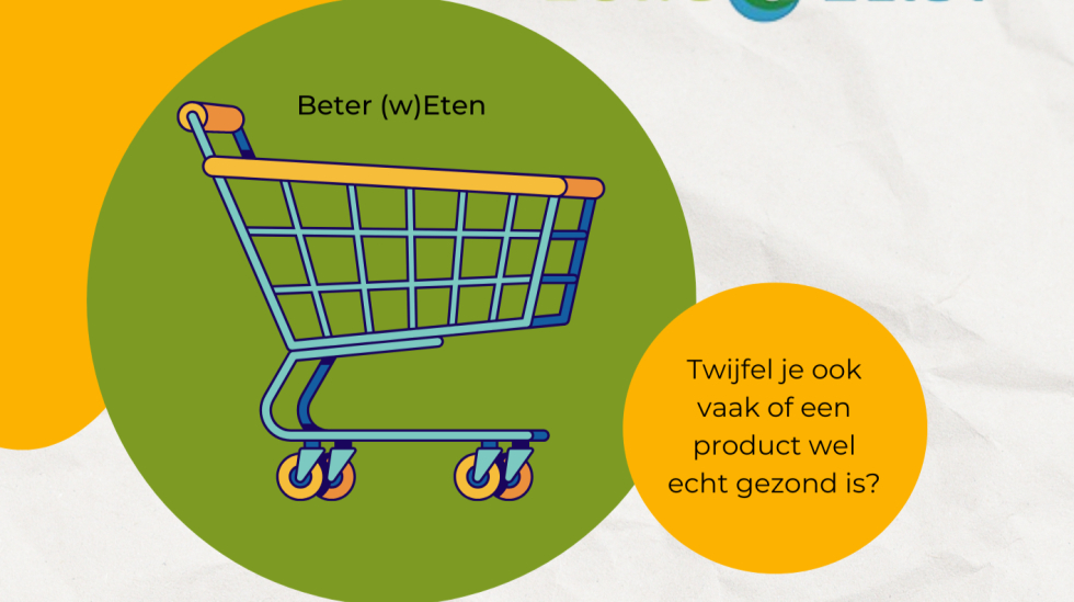 Promotieafbeelding voor de activiteit ‘Beter (w)Eten’, supermarktsafari. Op de afbeelding staat een grote illustratie van een winkelwagen op een groene achtergrond. Rechts staat in een gele cirkel de tekst: ‘Twijfel je ook vaak of een product wel echt gezond is?’. Linksboven staat: ‘Gratis voor inwoners uit de gemeente Zeist’. Rechtsboven staat het logo van Zorg4Zeist. De afbeelding gaat over gezonde voedingskeuzes en boodschappen doen.