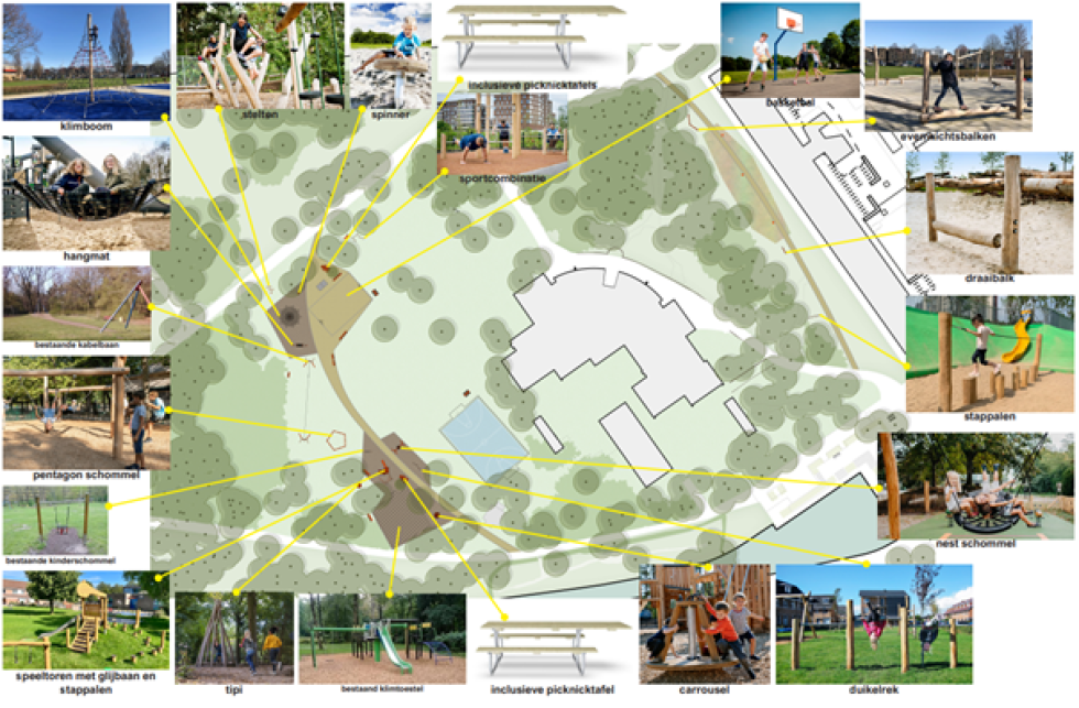 Een kaart van het park met de locaties waar de nieuwe speeltoestellen komen te staan