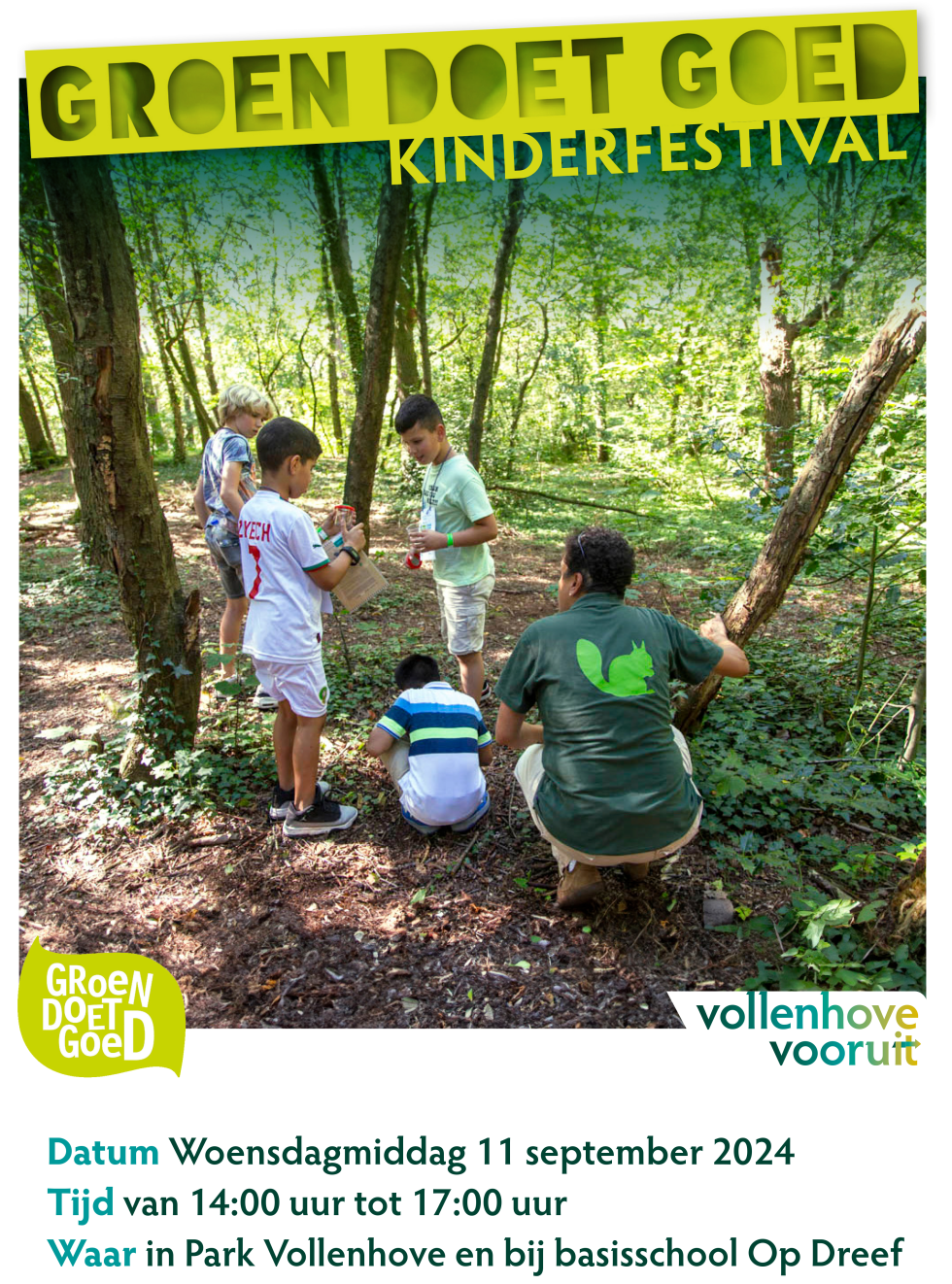 Poster voor het Groen Doet Goed Festival in park Vollenhove. Hierop staan kinderen met een begeleider in een bos.