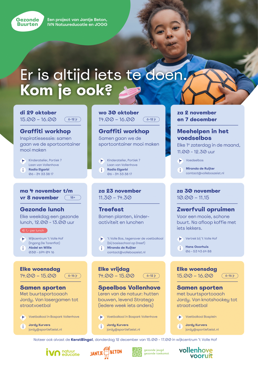 Poster met daarop de activiteiten die Gezonde Buurten organiseert. Deze zijn ook te vinden in de activiteitenkalender