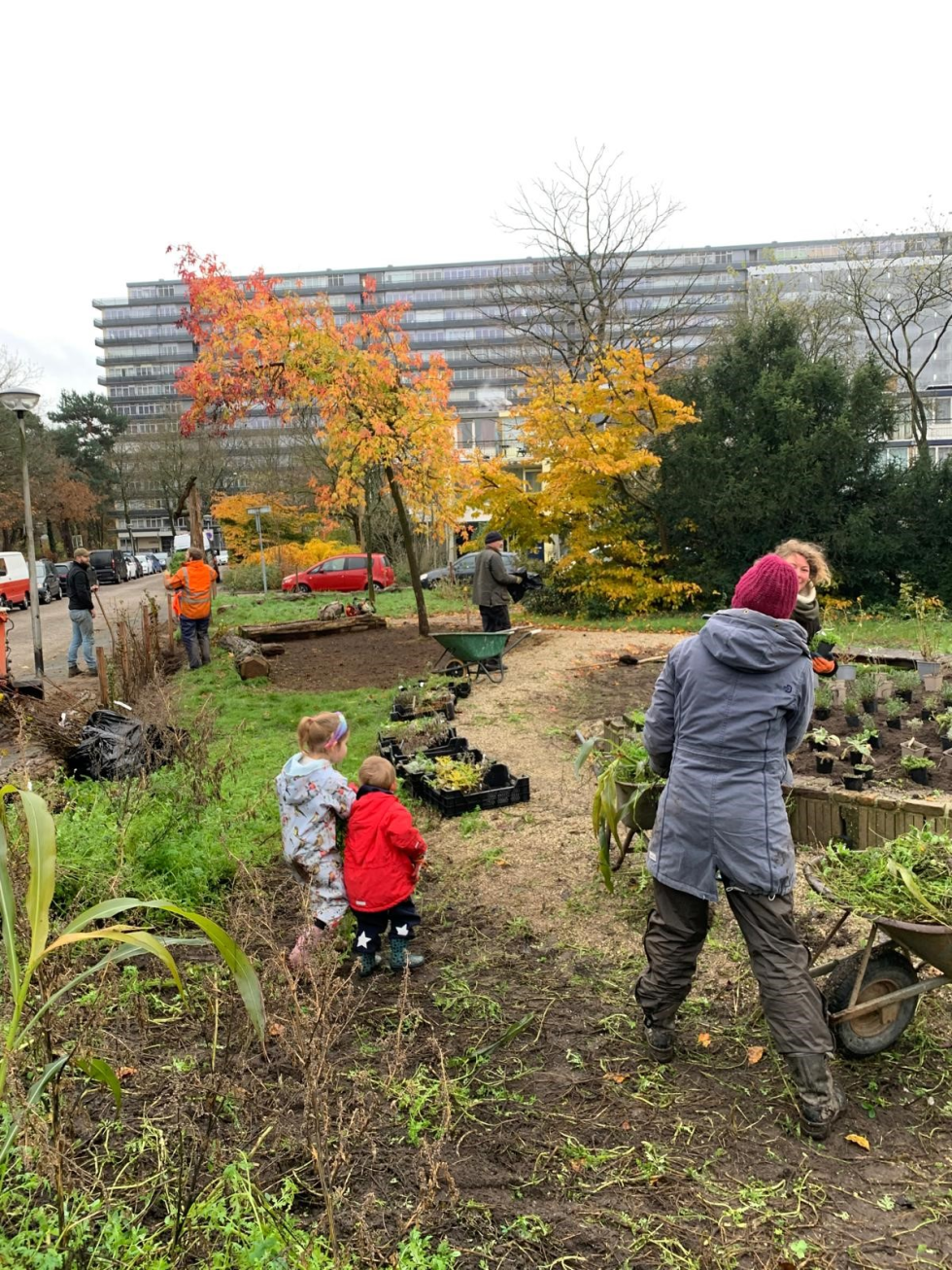 Buurtbewoners en kinderen zijn aan het werk in de tuin aan de Comeniuslaan