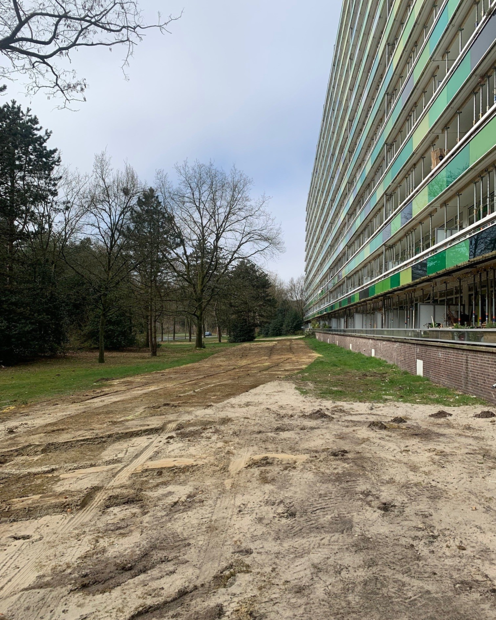 Opgeruimd grasveld achter de L-flat