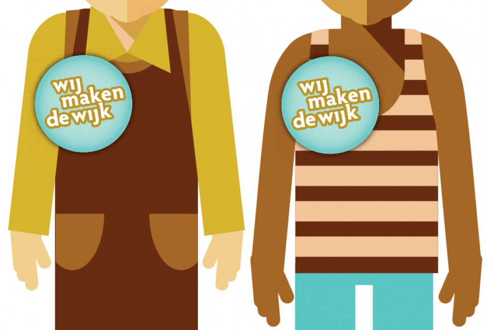 twee bovenlichamen met een sticker met de tekst ''Wij maken de wijk''
