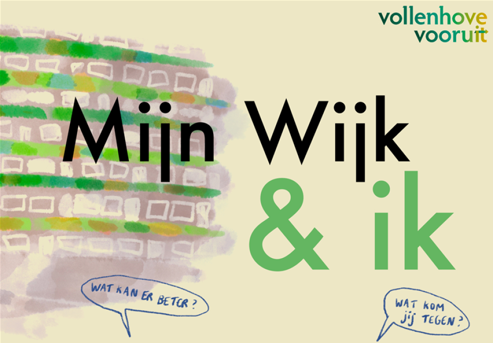 Flyer voor Mijn Wijk & Ik met teksten ''wat kan er beter'' en ''wat kom jij tegen'' van MeanderOmnium en Vollenhove Vooruit