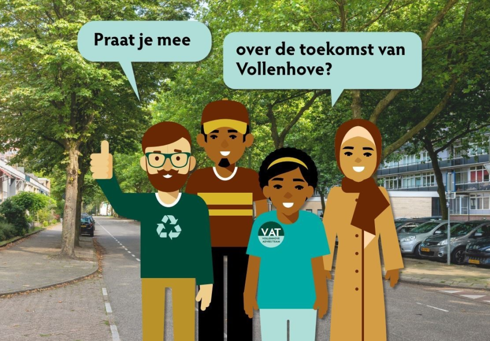 Deel van flyer voor de inloopavonden van het VAT met verschillende getekende buurtbewoners met tekstwolkjes met 'Praat je mee over de toekomst van Vollenhove?'
