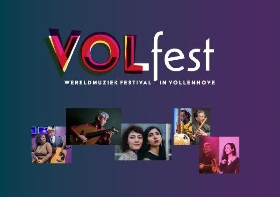 Logo van VOLfest op een paarse achtergrond met de tekst 'Wereldmuziekfestival in Vollenhove' en foto's van de verschillende artiesten. 