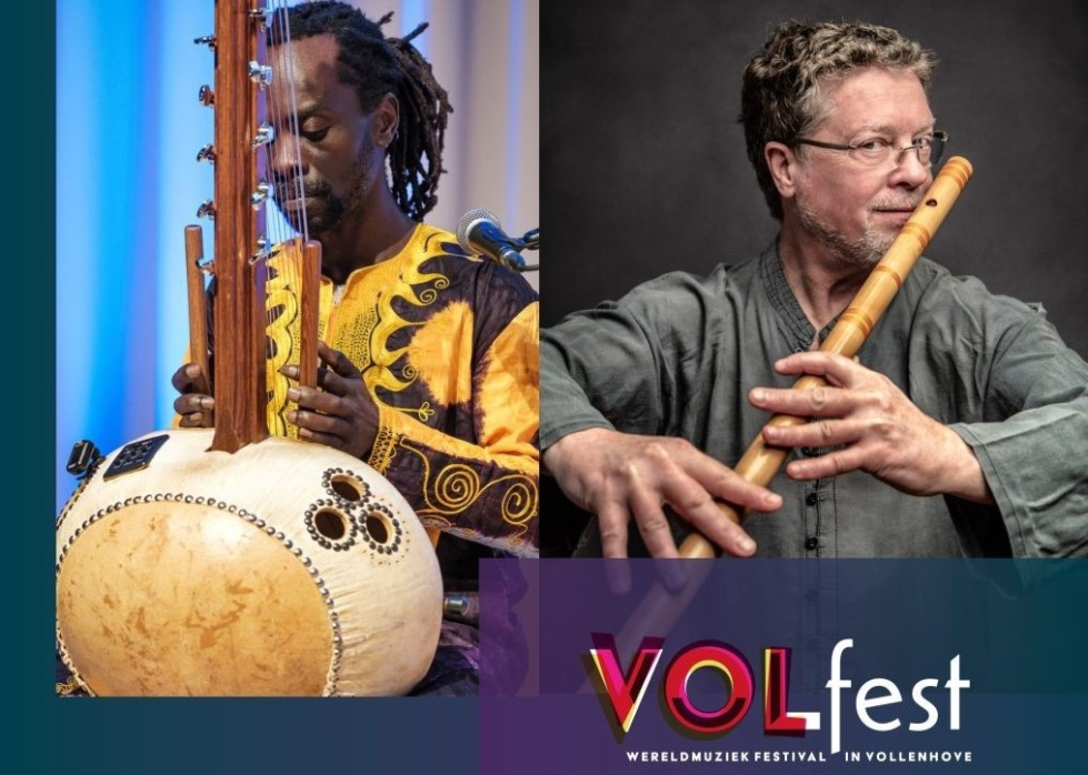 Foto van Sekou en Mark terwijl ze hun instrumenten bespelen en het logo van VOLfest