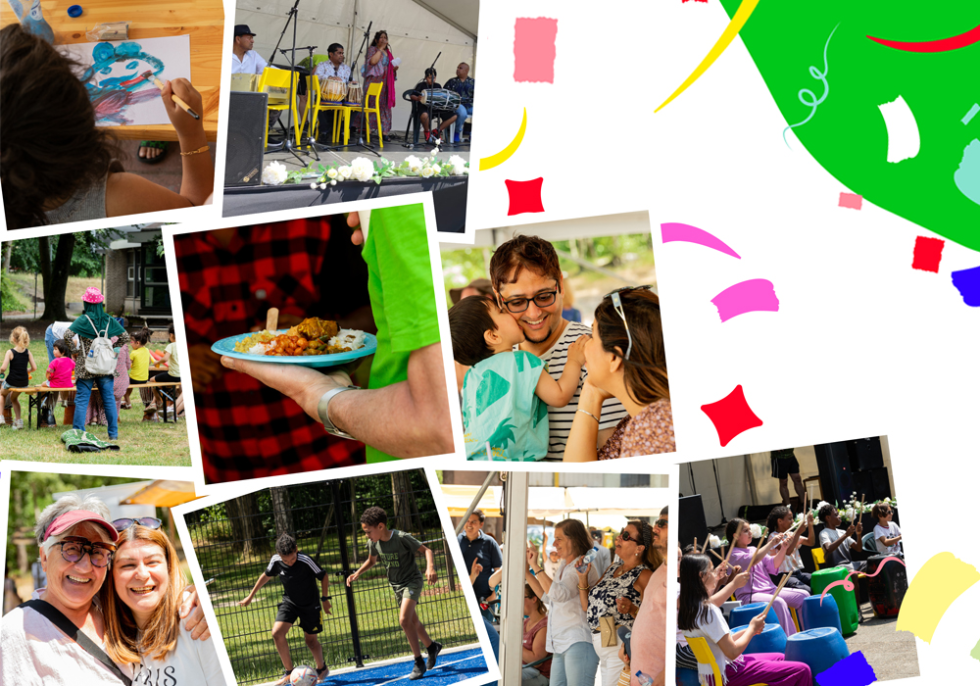 Foto's van het Vollenhove Buurtfeest van 2023, met activiteiten met kinderen, eten, blije mensen en muziekoptredens.