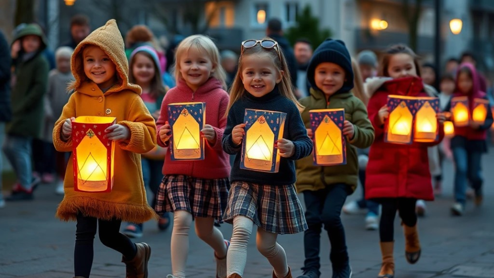 Kinderen lopen met lampionnen in een optocht